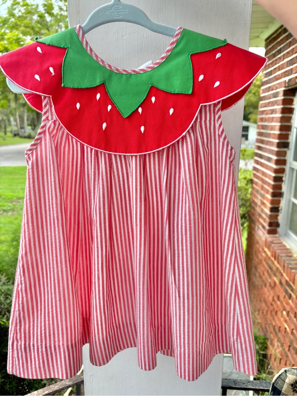 vintage 90s babycrest strawberry dress 24m red white stripe fruit collar cottage